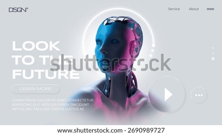 Digital artwork. Artificial intelligence robot face with neon glow in futuristic interface design. Concept of AI-driven innovation, fintech development, web 3.0, and blockchain education for startups.