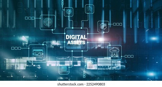 Digital Assets Business Management System Concept on modern city background.
