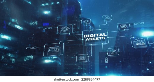 Digital Assets Business Management System Concept on modern city background.