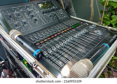Digital audio mixer at a wedding. Tegal, Central Java, Indonesia 19 May 2022.