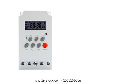 Digital automatic timer switch isolated on white background with space for text.