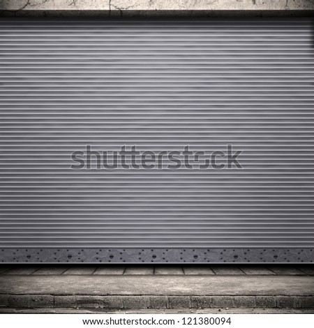 Digital background for studio photographers. Painted corrugated metal door with conrete wall and ground.