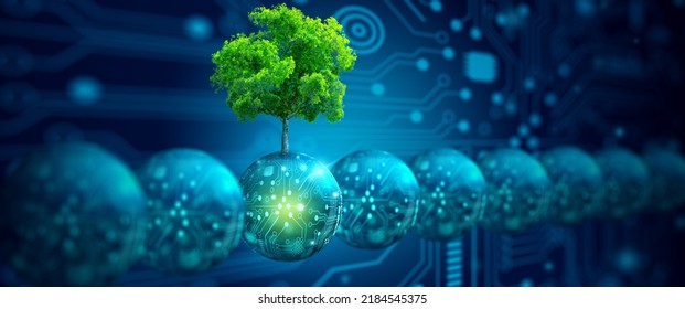 Digital Ball With Tree Against Nature With Digital Convergence And Technology Background. Ecology, Energy, Environment, Green Technology, And IT Ethics Concept.
