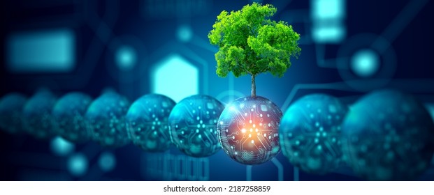 Digital Ball With Tree Against Nature With Digital Convergence And Technology Background. Ecology, Energy, Environment, Green Technology, And IT Ethics Concept.
