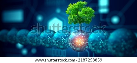 Digital ball with tree against nature with digital convergence and technology background. Ecology, Energy, Environment, Green Technology, and IT ethics Concept.
