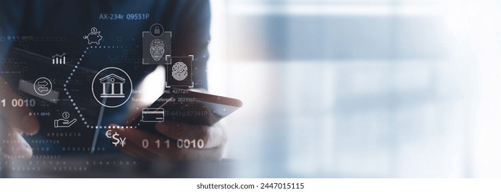 Digital banking, Cyber security, data protection. Businessman using fingerprint indentity and face id to access personal financial data, biometric security on mobile banking app, innovation technology