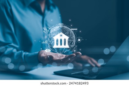 Digital Banking and Financial Technology Concept. A person presents digital banking and financial technology icons, and currency symbols, emphasizing modern online payment systems and e-commerce.