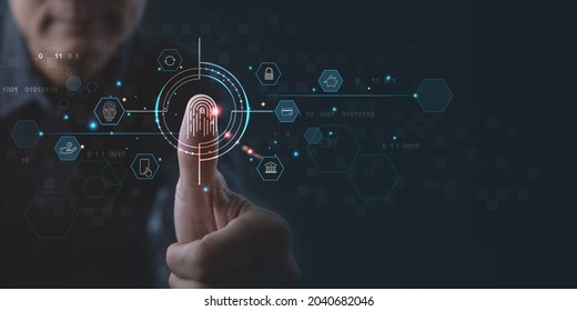 Digital banking, Internet payment, online marketing, personal financial data protection concept. Man scanning fingerprint via mobile banking app with face id and futuristic technology interface