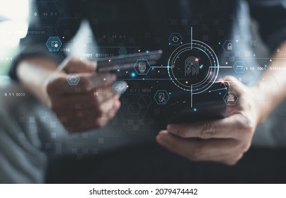 Digital banking, Internet payment, online marketing, personal financial data protection concept. Man using mobile phone and scanning fingerprint via mobile banking app, financial technology interface - Powered by Shutterstock