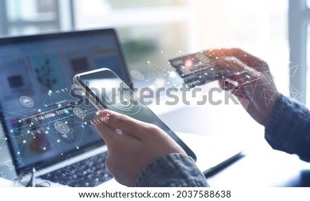 Digital banking, internet payment, online shopping, financial technology concept. Woman using mobile phone and credit card paying via mobile banking app for online shopping with technology icons