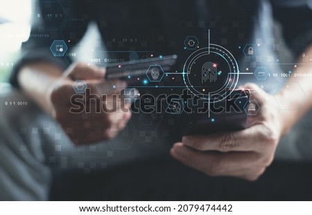 Digital banking, Internet payment, online marketing, personal financial data protection concept. Man using mobile phone and scanning fingerprint via mobile banking app, financial technology interface