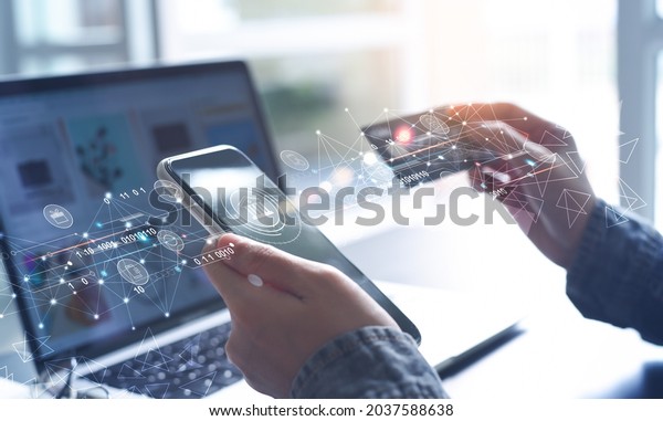 Digital banking, internet payment, online shopping,\
financial technology concept. Woman using mobile phone and credit\
card paying via mobile banking app for online shopping with\
technology icons