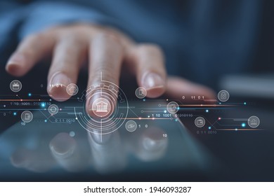Digital banking network, internet payment, financial technology (FinTech) concept. Woman using mobile phone with icons on virtual screen for online shopping and payment via mobile banking apps