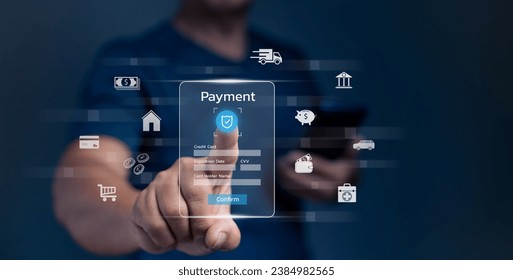 Digital banking network, internet payment, financial technology or FinTech concept. Businessman using smartphone with icons on virtual screen, online shopping and payment via mobile banking apps. - Powered by Shutterstock