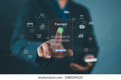 Digital banking network, internet payment, financial technology or FinTech concept. Businessman using smartphone with icons on virtual screen, online shopping and payment via mobile banking apps. - Powered by Shutterstock