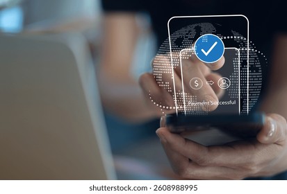 Digital banking network, internet payment, financial technology or FinTech concept. User using smartphone for digital banking via mobile banking app for online shopping and e-payment