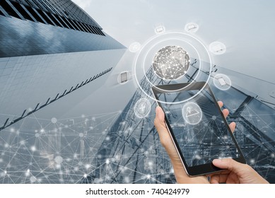 Digital Banking, Online Shopping And Double Exposure Of Smart City With Internet Network Connection Technology Background, Web Icons Flow, Omnichannel, E Commerce, Internet Of Things IoT Conceptual