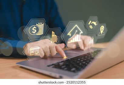 Digital banking service solution, real estate investment market, financial technology concept. Man use computer laptop search digital banking icons. Modern online payment systems, e-commerce currency - Powered by Shutterstock