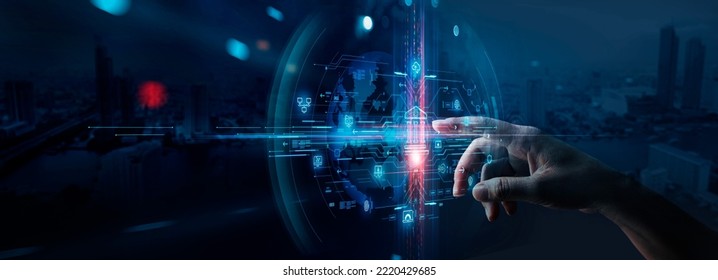 Digital banking, Virtual bank, Online banking and digital money. Man touch Digital virtual bank on network of Financial data and banking and Decentralized Finance, FinTech, cyber security. e-KYC. - Shutterstock ID 2220429685