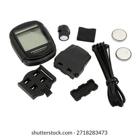 Digital Bicycle Speedometer Kit with Sensor, Magnet, and Accessories Isolated on White
A studio shot of a complete digital bicycle speedometer kit arranged on a white background. The set includes the main LCD display unit, wireless sensor, wheel magnet, mounting bracket, cable ties, rubber shims, and button cell batteries. Ideal for cycling accessory catalogs and maintenance guides.