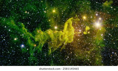 Digital binary code data streaming on a dark, greenish abstract background, reflecting the concept of technology. Nature concept, golden time. Elements of this image furnished by NASA