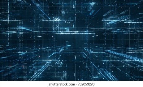 Digital Binary Code Matrix Background - 3D Rendering Of A Scientific Technology Data Binary Code Network Conveying Connectivity, Complexity And Data Flood Of Modern Digital Age