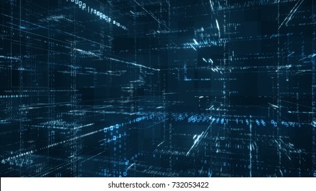 Digital binary code matrix background - 3D rendering of a scientific technology data binary code network conveying connectivity, complexity and data flood of modern digital age