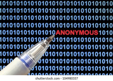 Digital binary code on computer screen, pen pointing out 