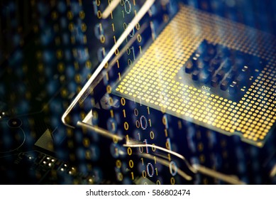 Digital binary data and computer processor. Cyber security concept background.