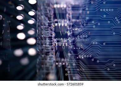 Digital binary data and electronic circuit board. Cyber security concept background.