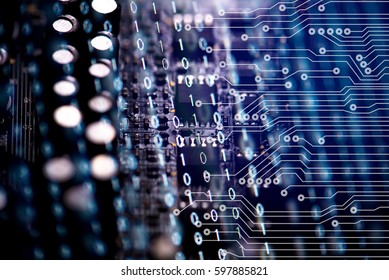 Digital binary data and electronic circuit board. Cyber security concept background.