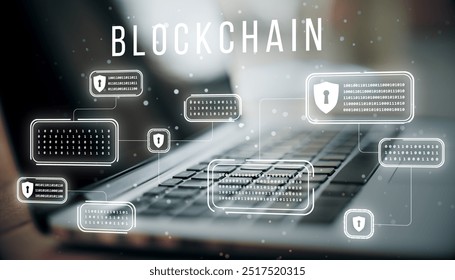 Digital blockchain security concept with data blocks and locks on a laptop keyboard. Virtual hologram interface, online data protection concept - Powered by Shutterstock - Get 15% off with code: PIKWIZARD15