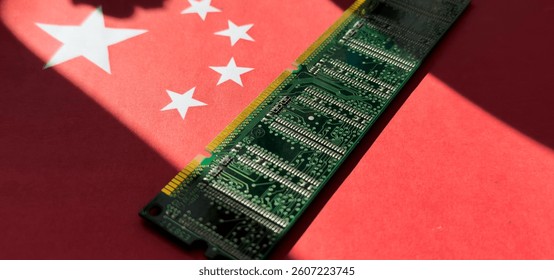 Digital board with China flag. Electronic board of Chinese origin. PRC symbol on microprocessor. PCB from China. Fragment digital board under magnifying. Microprocessor made in China. 