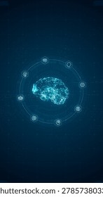 Digital brain artificial intelligence technology network is centered in a circular interface with smart icons, glowing data lines, and deep blue copy space.