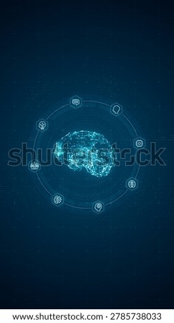 Digital brain artificial intelligence technology network is centered in a circular interface with smart icons, glowing data lines, and deep blue copy space.