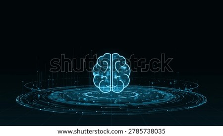 Digital brain artificial intelligence technology platform glows above circular data rings with blue neon particles and a dark futuristic interface background.