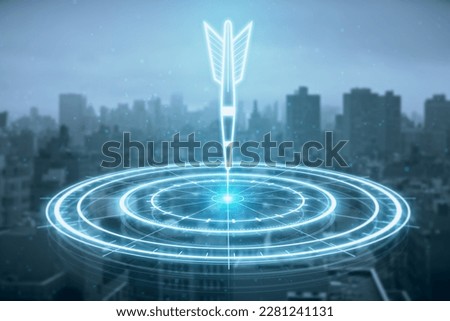 Digital bullseye aim with arrow hologram on blurry city background. Aiming, success and targeting concept. Double exposure