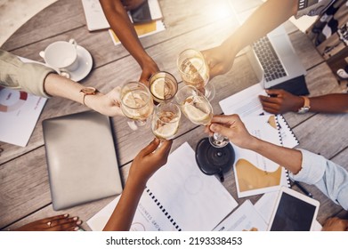 Digital Business, Champagne Celebration Or Success From Above Tablet With Creative And Diversity Startup Men And Women. Toast, Party And Fun Event With Bonding People, Motivation Friends With Fun