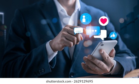 Digital business concept with social media interaction, businessman touching chat bubble and heart icon, online presence, mobile engagement, social networking and branding