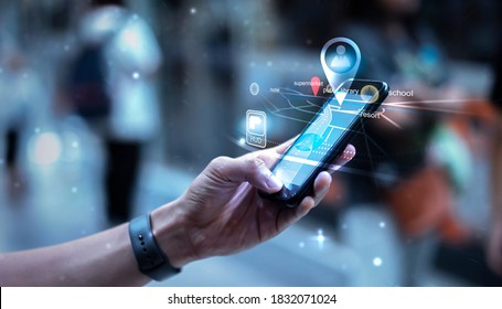 Digital Business Transport Technology Using Mobile Smart Phone Cellphone Navigation Travel Commuter Transportation Train Car Airplane City Walking Through Street With People Background, Graphic Icon 