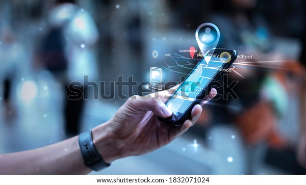 Digital Business Transport Technology using mobile smart
phone cellphone navigation travel commuter transportation train car
airplane city walking through street with people background,
graphic icon 