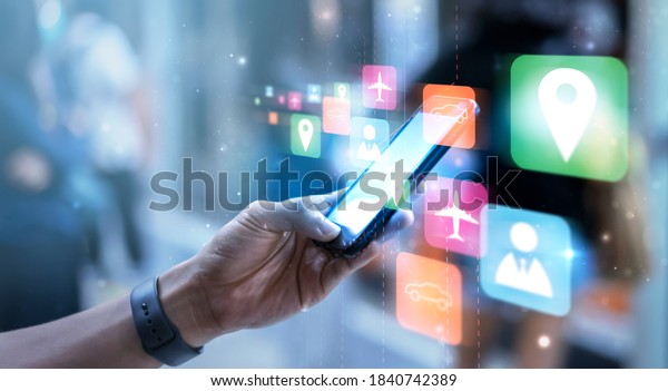Digital Business Transport Technology using mobile smart
phone cellphone navigation travel commuter transportation train car
airplane city walking through street with people background,
graphic icon 