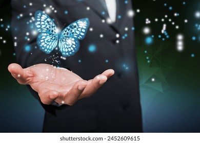Digital Butterfly on hand of businessman. digital transformation
