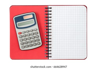  Digital Calculator And Spiral Notebook ,isolated On White Background