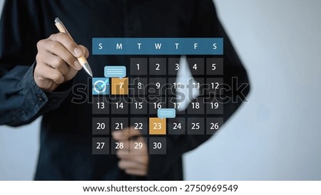 Digital calendar scheduling and task management concept with virtual planner interface and marked dates, representing appointment booking, time management, productivity planning and business organization.
