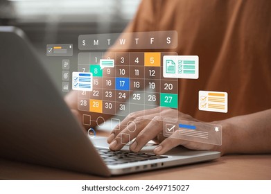 Digital calendar and task planner interface with checklist, reminders, and automation tools used to manage schedule, project workflow, plan meetings, and improve time management and productivity - Powered by Shutterstock - Get 15% off with code: PIKWIZARD15