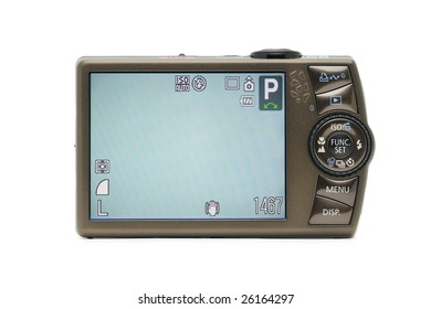 Digital Camera With LCD Screen On, In Isolated White Background