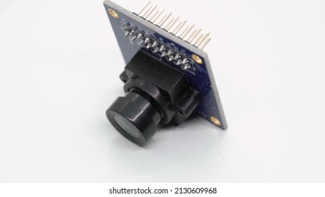 Digital Camera Lens IP Security Spy Cam Electronic Component. Small Single Board Computer, Device For Study At White Isolated. Electronics Diy.