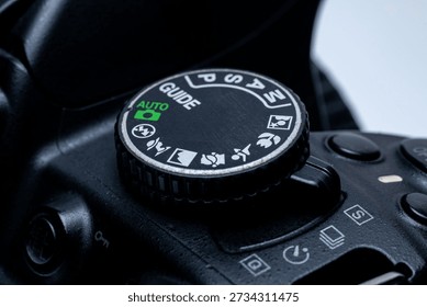 digital camera mode dial displaying auto, manual, program, shutter priority, aperture priority, and guide modes.