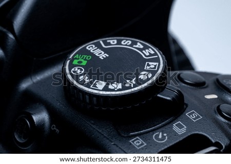 digital camera mode dial displaying auto, manual, program, shutter priority, aperture priority, and guide modes.